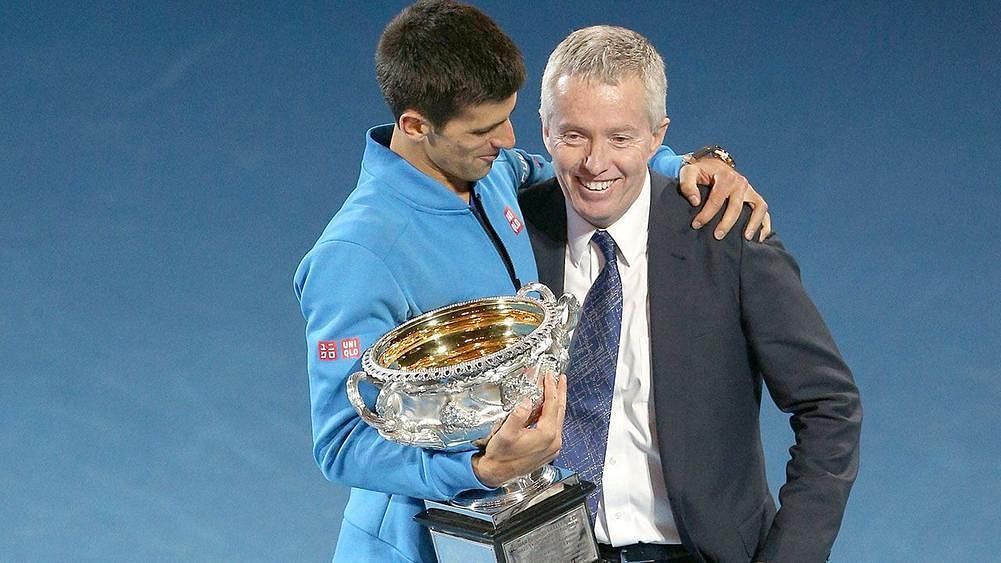Novak Djokovic and Craig Tiley (R) pictured together at the Australian Open